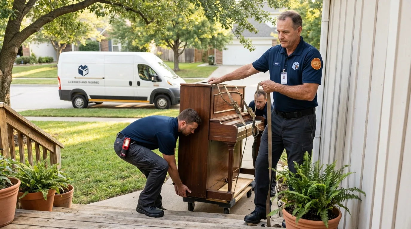 Licensed piano movers securing grand piano in East Brookfield, MA