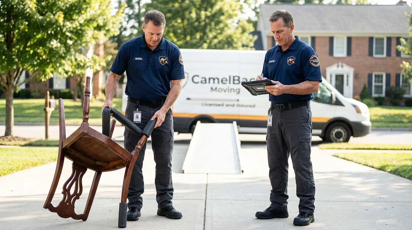Movers inspecting furniture for damage prevention before loading in East Brookfield, MA