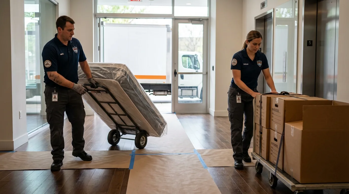 Professional apartment movers loading elevator in East Brookfield, MA
