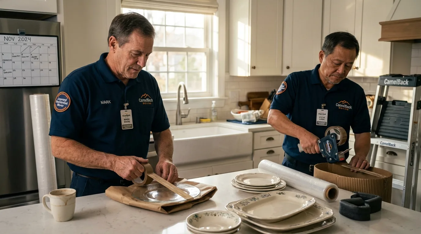 Professional crew packing kitchen dishware in East Brookfield, MA